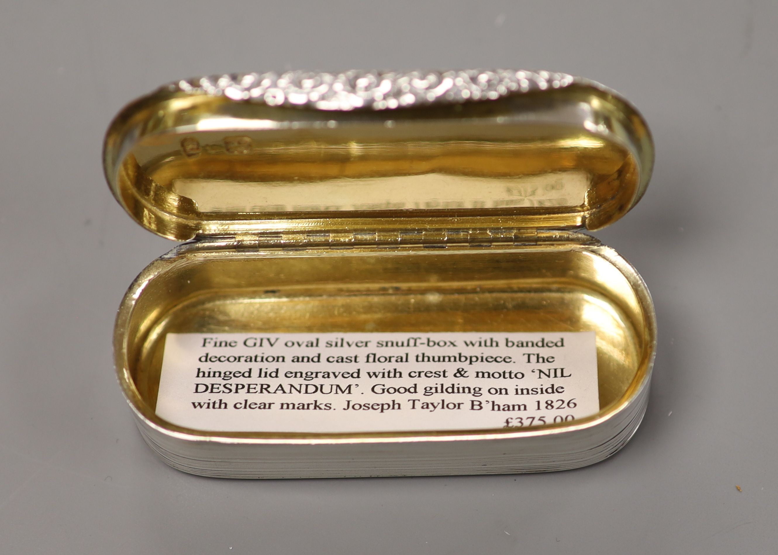 A George IV reeded silver oval snuff box, by Joseph Taylor, Birmingham, 1826, 78mm.